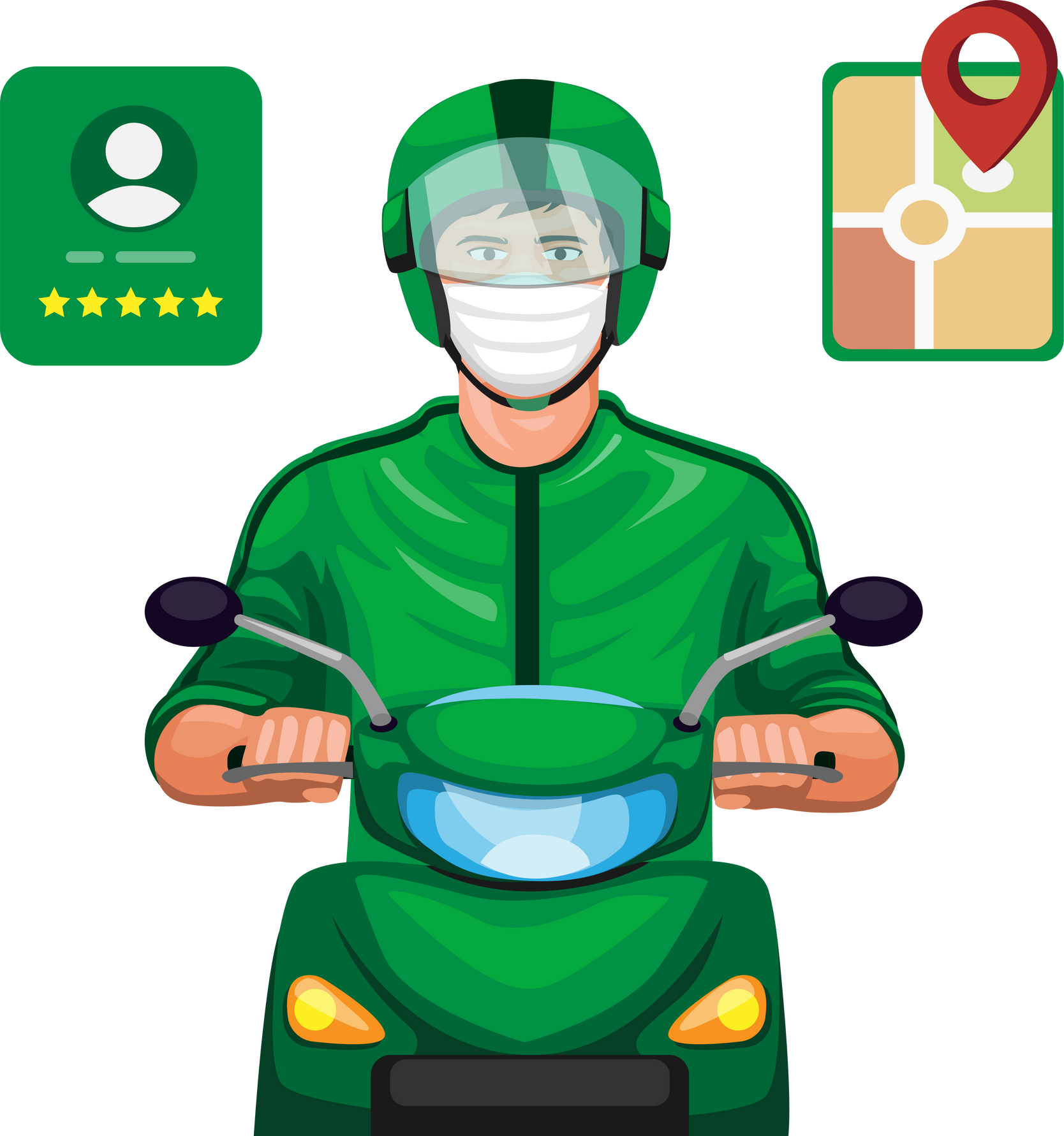 Rider motorbike taxi online with profile rating and gps symbol cartoon illustration